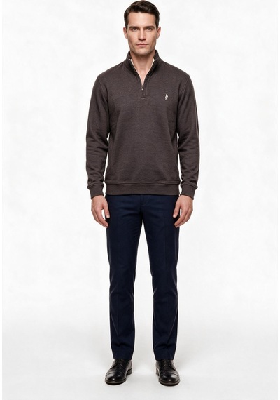 Legato Erkek Dik Yaka Yarım Fermuarlı Pamuk Karışımlı Uzun Kollu Sweatshirt Kahve