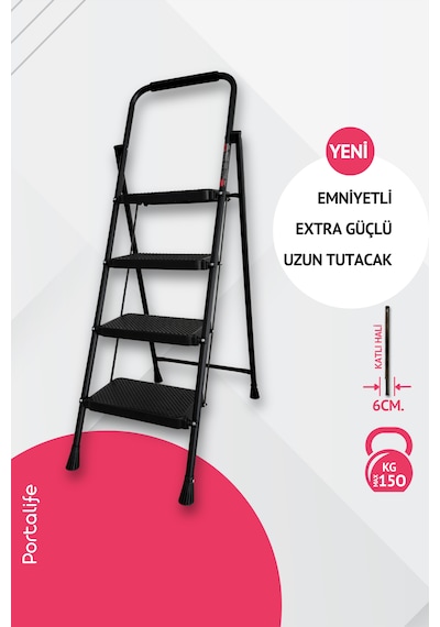 Portalife 4 Basamaklı Uzun Tutacaklı Şık Siyah Çelik Merdiven 150 Cm'ye Kadar