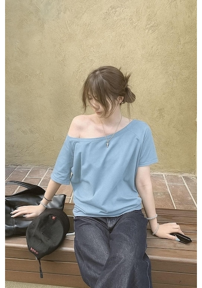 Turkuaz Kadın Düşük Omuz Kayık Yaka Oversize T-shirt Turkuaz