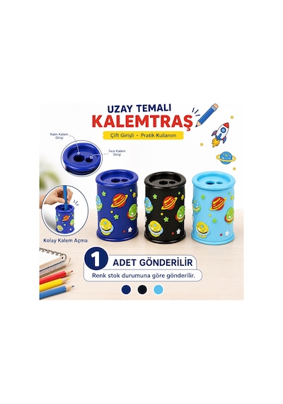 Bakgelal Uzay Temalı Çift Delikli Kalemtraş Hazneli Masaüstü Kalem Açacağı Çocuk Okul Kırtasiye Ürünü 1 Adet - 9004620228050