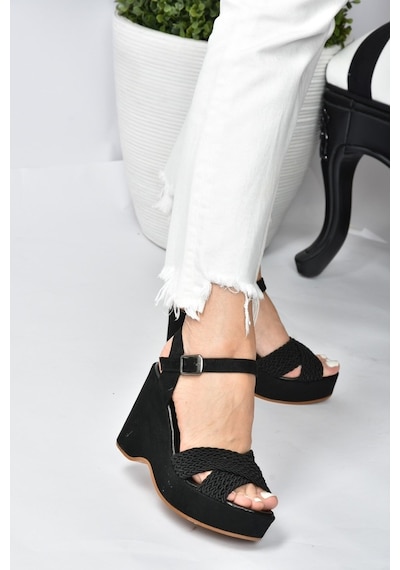 Fox Shoes Siyah Süet Kadın Dolgu Topuklu Ayakkabı K250909002
