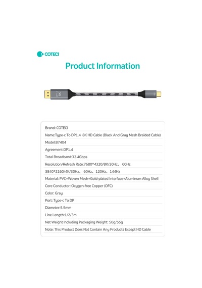 Type-c To Displayport Kablo 8k 60hz 4k 144hz Dp 1.4 Thunderbolt Uyumlu Görüntü Aktarıcı 2 Metre