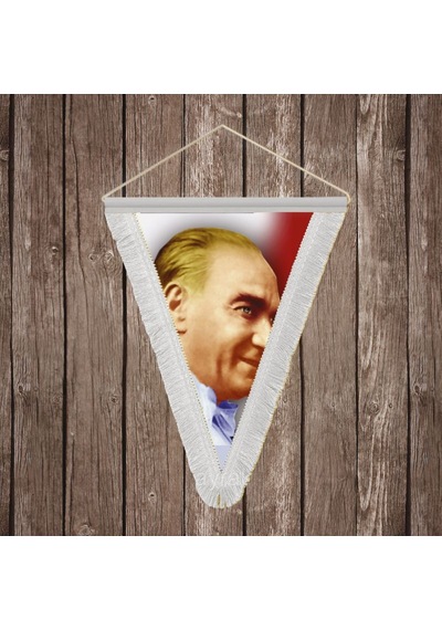 Yan Portre Atatürk Beyaz Saçaklı Üçgen Flama Bayrak Hatıra Flama Ata45 Diğer
