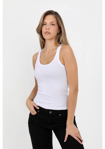 Hdm Kadın Fitilli Kalın Askılı Basic Beyaz Atlet Bluz - H6159