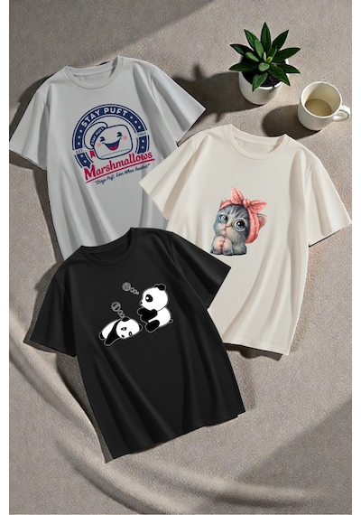 Uyguntarz Unisex En Sevilen Baskılar 3 Lü Tasarım Tshirt Paketi Çok Renkli