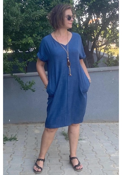 Mia Butik Büyük Beden Lacivert Kolye Hediyeli Salaş Elbise Lacivert