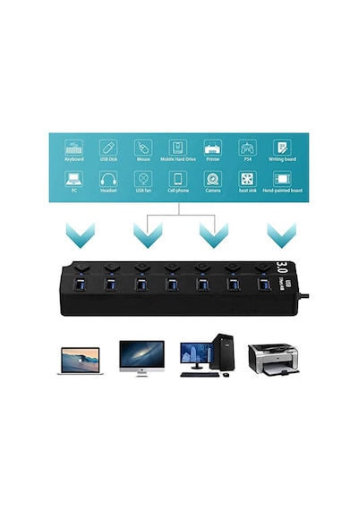 7 Port Usb 3.0 Çoklayıcı Hub 30cm Kablo 5gbps On Of Tuşlu Işıklı 7ports Usbhub