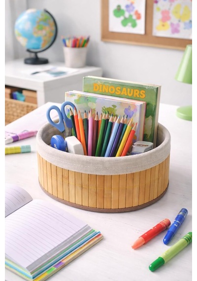 Bambu Meyvelik Sepeti 3'lü Set Küçük, Orta, Büyük Boy Çıkarılabilir Kumaş Astarlı Doğal Ahşap D Çok Renkli