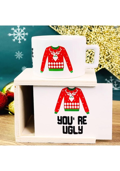You're Ugly Yılbaşı Tasarımlı Kutulu Kupa Beyaz - Çok Renkli