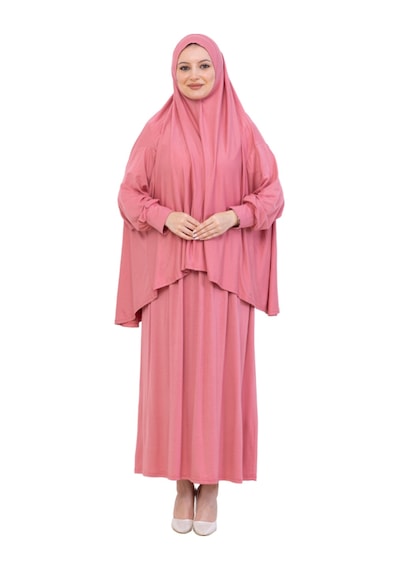 Modish Group İki Parça Namaz Elbisesi Uzun Pamuklu Tesettür Giyim Abaya & Başörtüsü Set Gül Kurusu