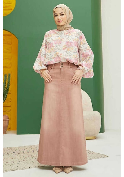 2254-denim Klasik Etek Somon Somon