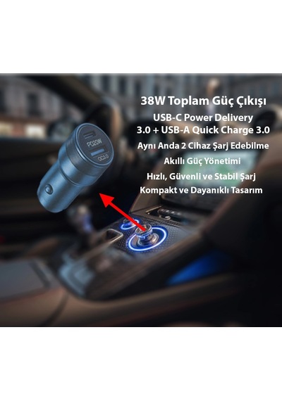 Eıma 38w Oto Şarj Başlığı Pd3.0 + Qc3.0 Usb-c & Usb-a Hızlı Araç Şarj Cihazı