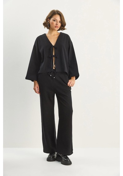 Shade Kadın Bağlama Detaylı Kimono Yüksek Bel Bol Pantolon Selanik Takım 7028 60283640 - Siyah