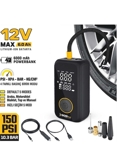 Sgs SGS5398 12V 6.0AH Şarjlı Hava Kompresörü