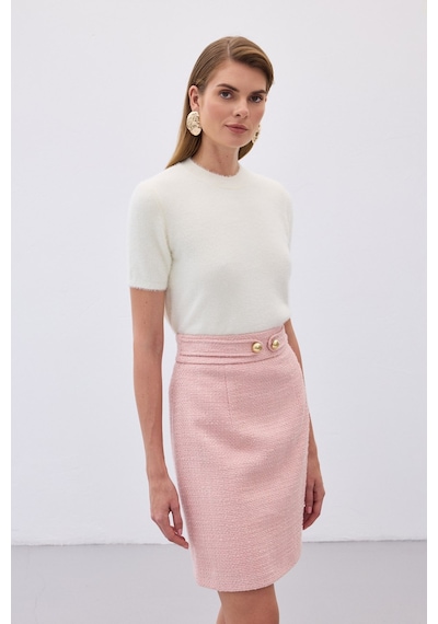 Sateen Sakallı Kısa Kol Triko - Ekru-136510 Ekru