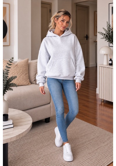 Lima Gri Kadın Kapüşonlu Oversize Sweatshirt Kanguru Cepli Düz Renk Uzun Kollu Sweat