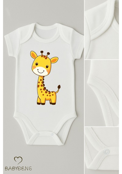 Babyden's %100 Pamuklu Sevimli Hayvan Figürlü Bebek Body Unisex Çıtçıtlı Kısa Kollu Zıbın Zürafa Beyaz