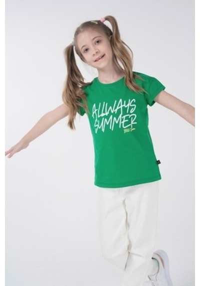 Brz Kids Baskılı Kız Çocuk Kısa Kollu T-Shirt Yeşil