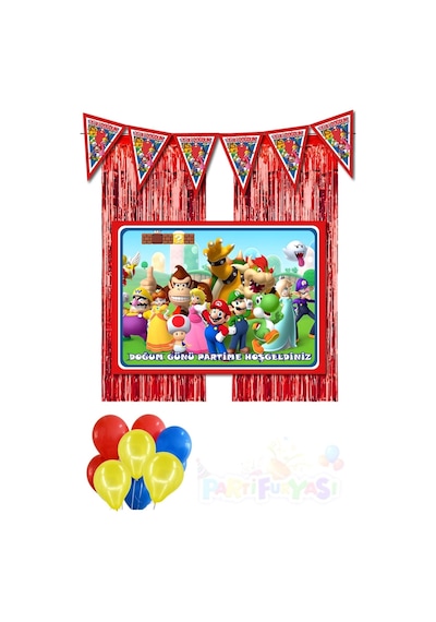 Süper Mario Lüks 70x100 Cm Afişli Doğum Günü Süsleri Seti