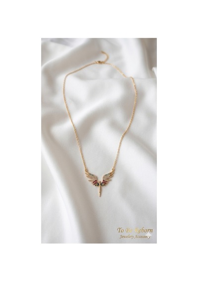 Çelik Zirkon Taşlı Melek Kolye Sarı Sarı