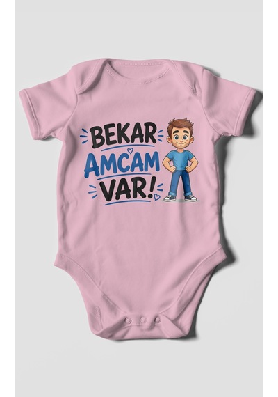 Morivokids Bekar Amcam Var Kısa Kollu Bebek Body %100 Pamuk Koyu Pembe