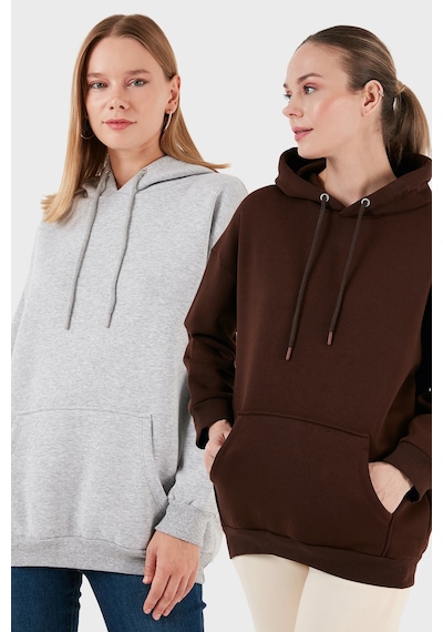 Lela Regular Fit Pamuklu Kapüşonlu Yaka Şardonlu Kışlık 2'Li Paket Bayan Sweat 5863854S2 Gri Melanj-Kahve