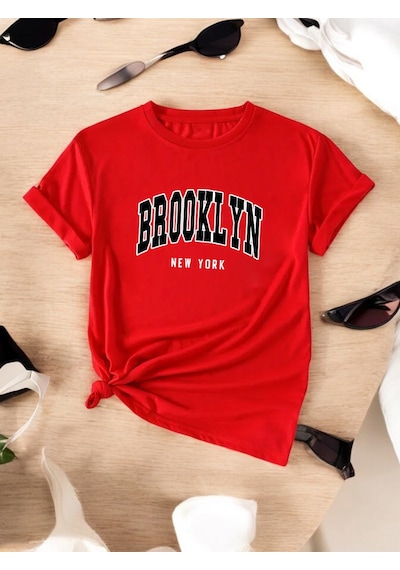 Unisex Brooklyn New York Baskılı Tasarım Tshirt Kırmızı