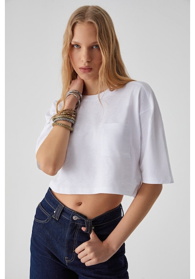 ETHIQUET QEFKOP Kadın %100 Pamuk Bisiklet Yaka Oversize Beyaz T-Shirt