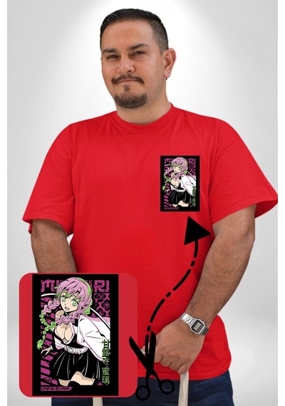 Angemiel Anime Demon Slayer Kimetsu No Yaiba Mitsuri Kanroji Kırmızı Büyük Beden Kadın Basic Minimal Baskılı Tişört Kırmızı