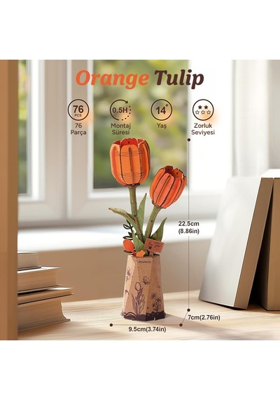Rowood Tw081 Lale Çiçeği Orange Tulip Dıy Minyatür Maket Model Seti Ahşap 3d Wooden Puzzle 3d Model Kit Ahşap Maket Dekoratif Hobi Seti