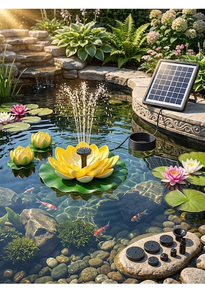 Güneş Enerjili Sarı Lotus Çiçekli Solar Fıskiye - Dekoratif Bahçe Süs Havuzu - Havuz Süsü