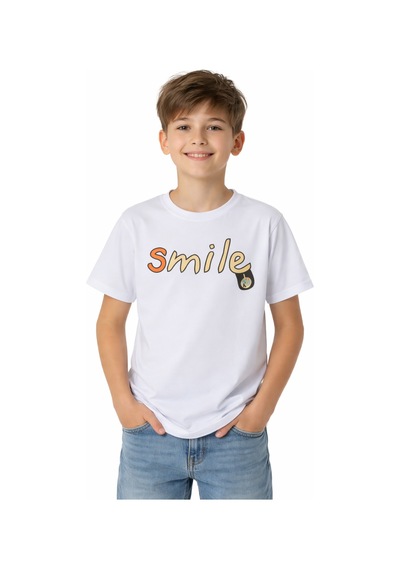 İrem Çocuk Giyim Erkek Çocuk Önü Smile Yazılı Sırtı Emoji Desenli Beyaz Renk Tişört Beyaz