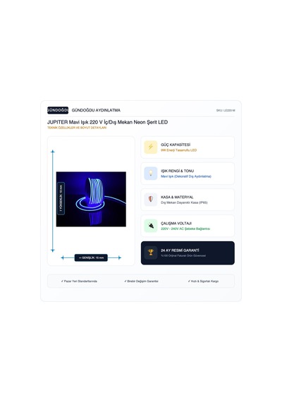 Jupıter Mavi Işık 220 V İç/dış Mekan Neon Şerit Led - Le220-m
