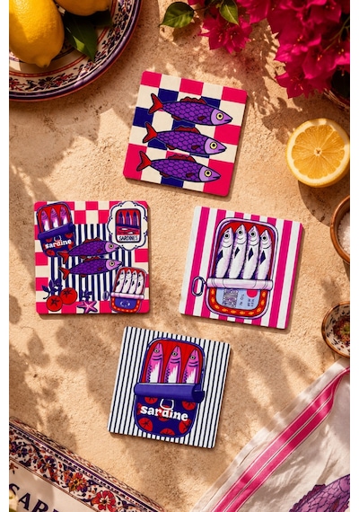 Sardalya Desenli Bardak Altlığı 4 Lü Set 9 Cm, 3 Mm Mdf Ahşap, Yüksek Kalite Dijital Baskı Çok Renkli