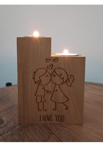 Aşk Motifli Dekoratif Ahşap İkili Mumluk ve Hediye İki Adet Mum