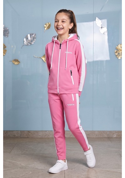 Pina Kids Kız Çocuk Potential Kalın Şeritli Kapüşonlu Düz Paça Dalgıç Kumaş Eşofman Takımı Esf7016 Pembe