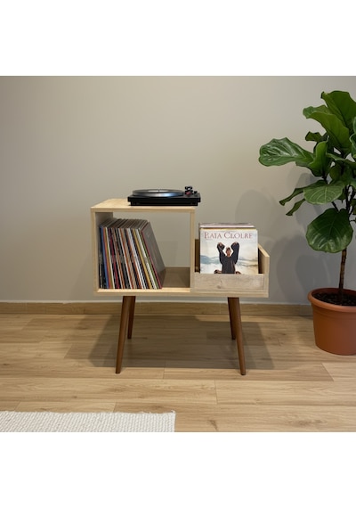 Sera 44x78cm Ahşap Retro Pikap Sehpası, Metal Raflı Plak Organizer, Plak Düzenleyici, Plak Dolabı Safir Meşe