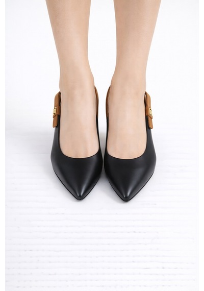 Dadwolf Kadın Slingback Topuklu Ayakkabı Sivri Burun 5,5 Cm Orta Topuk Bantlı Zarif Günlük Ofis Stiletto Siyah