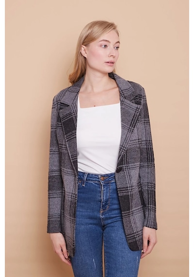 Ekose Desenli Yakalı Uzun Kol Tek Düğme Yünlü Kumaş Kışlık Blazer Ceket -siyah Desen Siyah D. Ekose Desenli Yakalı Uzun Kol Tek Düğme Yünlü Kumaş Kışlık Blazer Ceket -siyah Desen Siyah D.