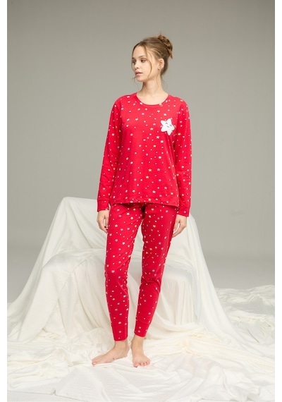 Siyah İnci Pamuklu Bisiklet Yaka Örme Pijama Takım25241120 Kırmızı