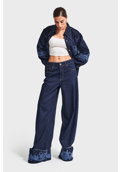 Itsbasic Kadın İndigo Mavi Renk 7w5-50 Palazzo Fit Viskon Kumaş Çiçek Nakışlı Özel Tasarım Denim Jean