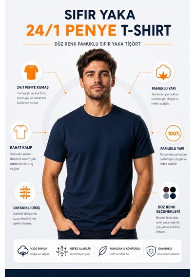 Luxıc Core Erkek Slim Fit Lacivert Bisiklet Yaka Pamuk Penye Günlük Rahat Basic Tişört