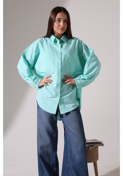Yeni Sezon Poplin Kumaş Çift Cepli Oversize Pamuklu Kadın Tunik Gömlek Turkuaz