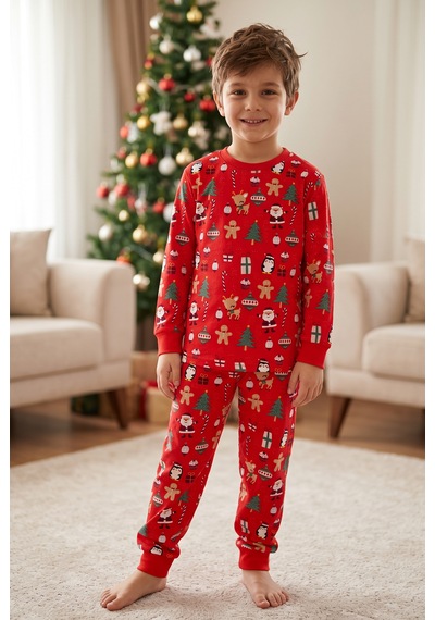 Bmt Bebek %100 Pamuk Kırmızı Yılbaşı Temalı Çocuk Pijama Takımı 3-12 Yaş
