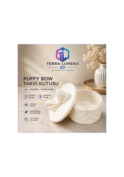 Puffy Bow Fiyonk Kapaklı Takı Kutusu 14x14x7 Cm Bej