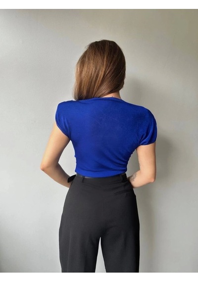Defymoda Kadın V Yaka Vatka Detay Kolsuz Dökümlü Bluz Mavi