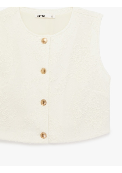 Koton Slim Fit Bisiklet Yaka Gold Düğmeli Floral Dokulu Yelek Ekru 6sak30021ek Ekru