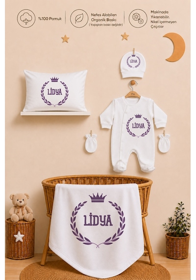 Pia Baby İsme Özel 5 Parça Kız Bebek Hastane Çıkışı Tulum Seti %100 Pamuk Organik Baskılı 2074tyb0x Ekru
