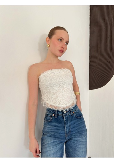 Verymoda Kadın Dantelli Straplez Büstiyer Taş Detaylı Astarlı Şık Bluz D3089 Krem