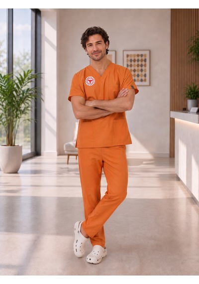 Klinik Destek Forması Scrubs Likralı Takım Sağlık Bakanlığı Uyumlu-orange Ochre
